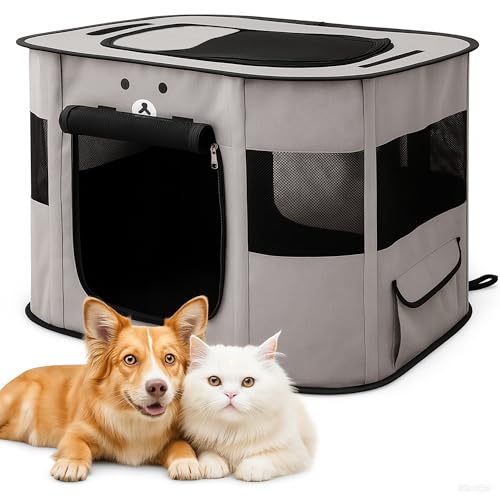 ALLSOPETS Recinto per Cani da Interno Pieghevole, Anche per Esterno, Box Traspirante Portatile per Gatti Conigli Cuccioli con Borsa da Trasporto, per Viaggi e Campeggio (Grigio Cenere, XL)