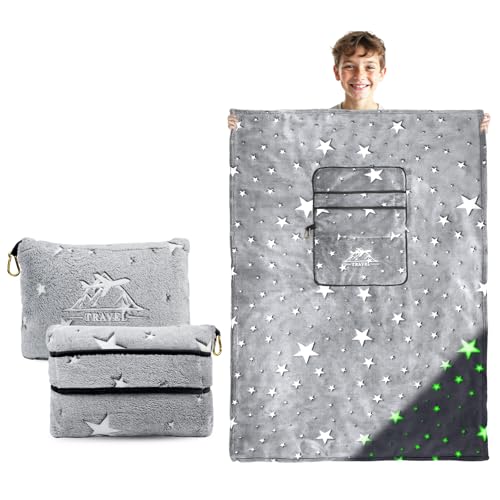 2-in-1 Travel Blanket Pillow Airplane Set - Small Travel Blanket and Pillow Set Airplane Compact for Kids - Glow in The Dark Space Star Blanket Birthday Gifts for Kids Boys Girls 40x60 Inches