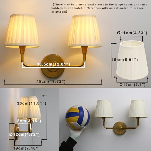 Image of Yosoan 2-Light Brass Beige-Yellow Pleated Fabric Shade Wall Sconce, Vanity Vintage Industrial Hardwired Indoor Boho Gold Wall Mounted with Cup Funnel Shade for Kitchen Living Room Staircase(Antique)