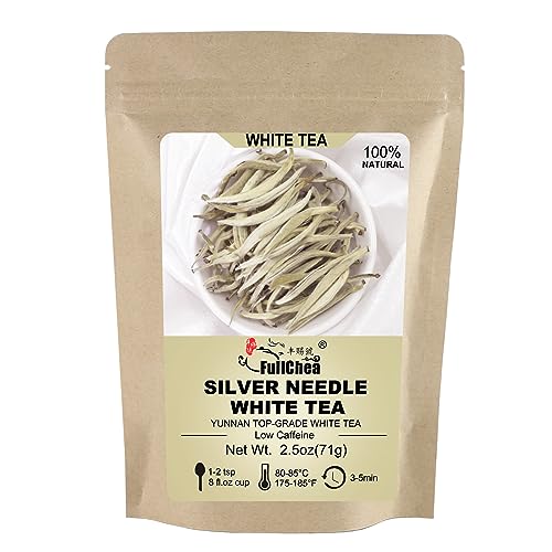 FullChea - White Tea Loose Leaf - Yunnan Silver Needle White Tea - Low Caffeine - Bai Hao Yin Zhen - Refreshing Woody Aroma - 2.5oz/71g