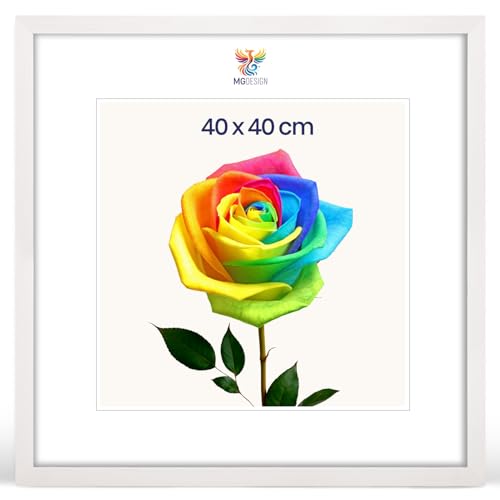 MG Design Bilderrahmen 40 x 40 cm Posterrahmen mit Weiß Holzrahmen (Echtholz) und bruchsicherem Acrylglas Hoch & Quer mit stabiler Wandaufhängung