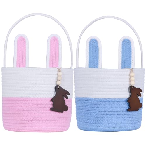 Image of Easter Basket Empty 2 PCS Bunny Woven Rope Easter Baskets for Kids Easter Hunt Baskets with Handle Bags Easter Gifts for Kids Toddlers Girls Boys Teens Set of 2 Blue and Pink