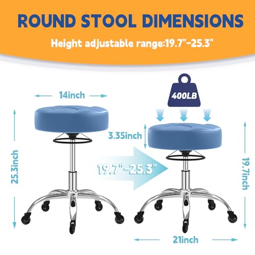 Image of Rolling Stool Heavy Duty 400lb: Super Soft Seat Cushion,360 Swive,Height Adjustability,No Squeaky Noises,No Tip Over,New Upgraded Stool Salon Stool Chair, Tattoo Facial Massage Spa Medical (Blue)