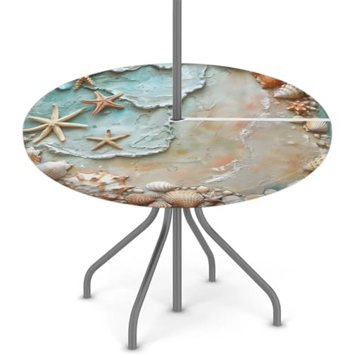 Tablerazzi Ocean Beach Round Outdoor Tablecloth with Umbrella Hole and Zipper Starfish Shell Fitted Tablecloth Wipeable Table Cloth Table Cover for Picnic Garden, 36''-44''