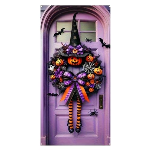 Halloween Wreaths for Front Door Halloween Front Door Wreath with Hat Witches Legs Pumpkin Halloween Decorations for Home Holiday Party (Purple 180cm*90cm)