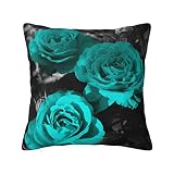 Flower Teal Rose Black Grey Decorative Throw Pillow Covers 24"x24" Decorative Square Throw Pillow Co