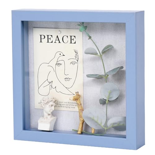 Image of Muzilife 8x8 Shadow Box Picture Frame with Linen Board - Deep Wood & Glass Display Case Ready to Hang Memory Box Baby Sports Memorabilia, Pins, Medals, Wedding, Tickets and Photos, Blue
