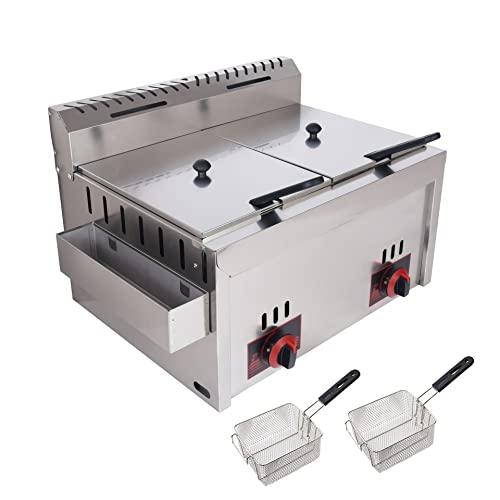 WOTZOV Freidora Doble Grande con cestas, freidora con Tapa, cestas para freidoras comerciales, freidora a Gas de Acero Inoxidable para encimera, Cocina al Aire Libre