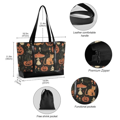 KLL Halloween Cats Pumpkins Mushrooms Bold Linework Style Sturdy large laptop tote bag with zipper work totes Large Handbag for travel with cartera para laptop de mujer4
