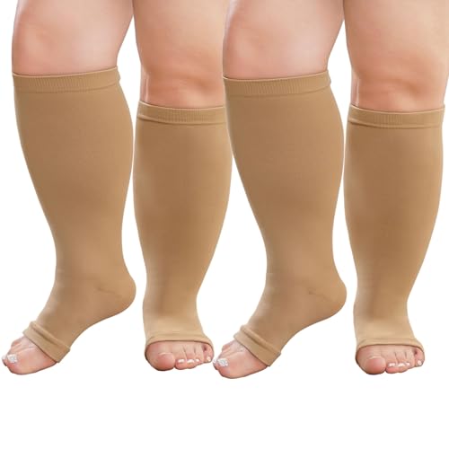 CaiDieNu Plus Size Compression Socks: Open Toe Wide Calf Compression Socks for Women and Men 20-30 mmHg Extra Large Calf Knee High Toeless Support Stocking for Nurse Pregnancy Travel Flight