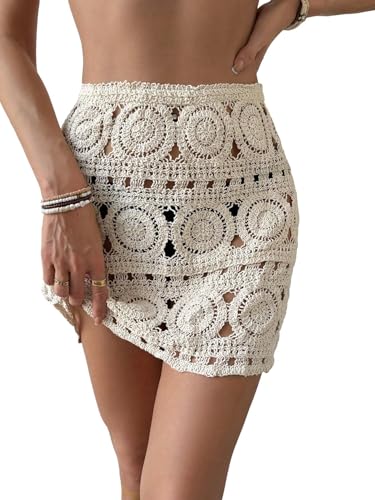 Image of WDIRARA Women's Hollow Out Crochet Knit Cover Up Skirt Beach Skirts | High Waisted Sheer