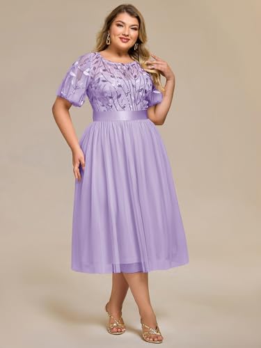 Image of Ever-Pretty Plus Women's Round Neck Embroidery Short Sleeves Sequin Tulle Midi Plus Size Cocktail Wedding Guest Dresses Lavender US20