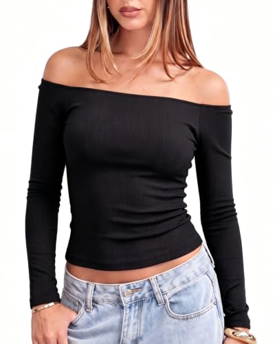 SUUKSESS Women Long Sleeve Shirts Padded Cotton Ribbed Off the Shoulder Top