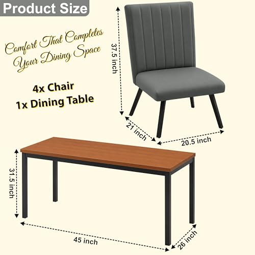 Image of Rosebell Set of 4 Dining Table Chairs with Wooden Top Table, Upholstered Cushioned Chairs, Modern Compact Dining Set for Home, Kitchen & Dining Room (Grey)