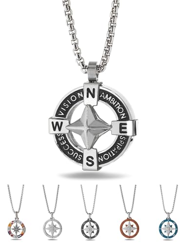 inSCINTILLE Collar Rosa de los Vientos de Acero Inoxidable para Hombre Colgante Náutico, Longitud Ajustable 48-53cm con Caja de Regalo Incluida (Rosa de los vientos y brújula)