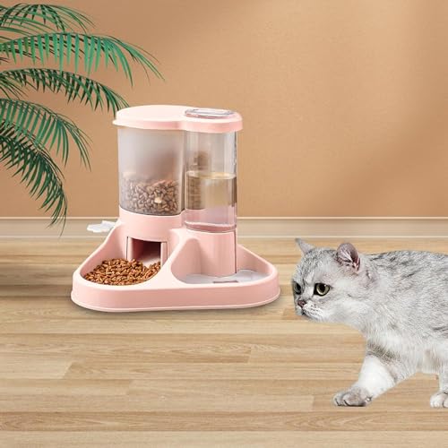 Image of Dog Bowl, 2 in 1 Automatic Cat Food and Water Bowl Set with Water Dispenser and Stainless Steel Bowl for Cats and Small Dogs Automatic Water Feeder Water Drinker (Pink)