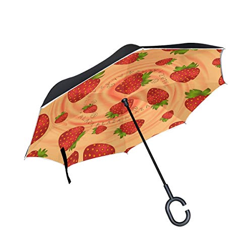 Preisvergleich Produktbild rodde Doppelschicht-umgedrehter Erdbeer-glatter Creme-Strudel-Regenschirm-Autos drehen winddichten Regen-Regenschirm für das Auto im Freien mit C-förmigem Griff um