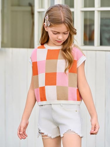Haloumoning Girls Summer Crop Tops Color Block Vest Cute Tanks Cap Sleeve Tee Loose Kids Knit Top 5-14 Years3