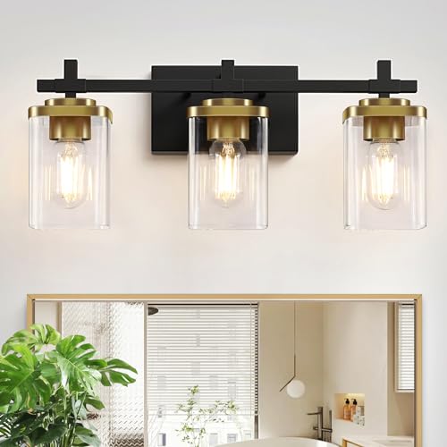 Spiglamm 3-Lights Black and Gold Bathroom Light Fixtures Over Mirror, Modern Brushed Gold Vanity Lights for Bathroom, Sconces Wall Lighting with Square Glass Shade for Mirror Bedroom Hallway