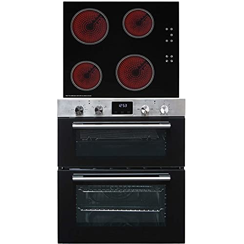 SIA DO111SS 60cm Stainless Steel Built Under Electric Double True Fan Oven & CERH60BL 4 Zone Touch Control Ceramic Hob