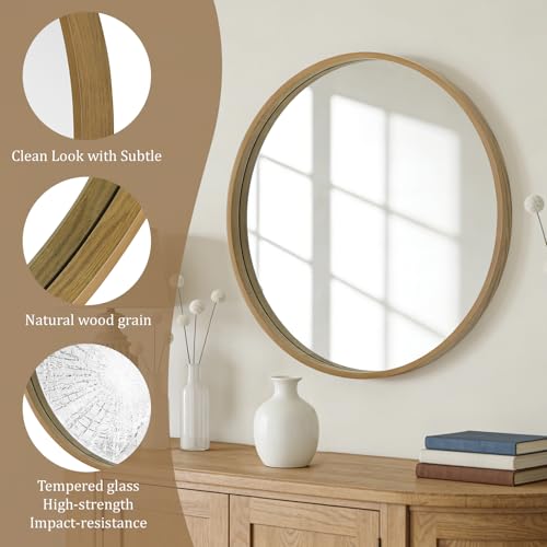Image of WallBeyond Round Wood Mirror, 32 inch Round Modern Decoration Large Circle Wall Mirror for Bathroom Living Room Bedroom Entryway, Natural