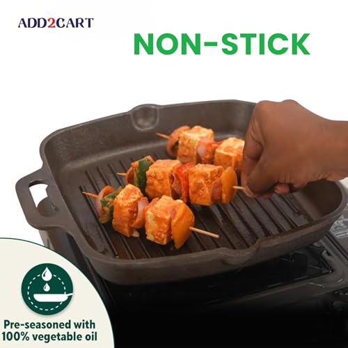 Image of Add2Cart Black, 100% Pure & Toxin-Free, No Chemical Coating, Medium, 26.3 cm /10.5 inch, 1.8Ltr, 3kg Pre-Seasoned Cast Iron Grill Pan with Double Handle that is Induction Friendly