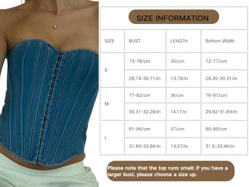 Image of Denim Corset Top for Women, Denim Tube Top Sexy Sleeveless Slim Front Hook Waist Cincher Bustier Jean Corset Tops