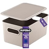 Superio Ribbed Collection - Decorative Plastic Lidded Home Storage Bins Organizer Baskets, Medium Taupe (1 Pack - 5 Liter) Stackable Container...