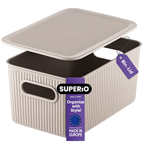 Superio Ribbed Collection - Decorative Plastic Lidded Home Storage Bins Organizer Baskets, Medium Taupe (1 Pack - 5 Liter) Stackable Container Box, For Organizing Closet Shelves Drawer Shelf #TOP11