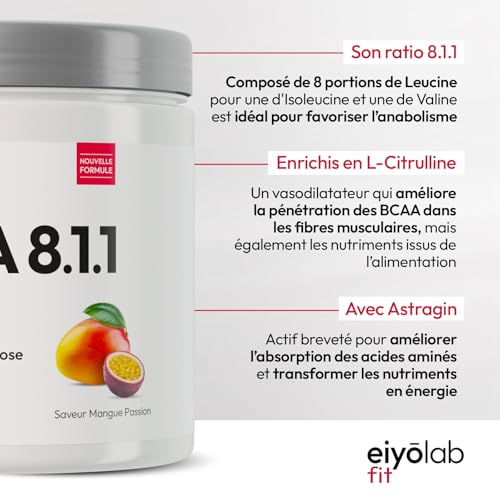 BCAA 8.1.1 | Acides Aminés en Poudre | 8g de Leucine + 1g de Citrulline & AstraGin® | Construction et Récupération Musculaire | Efficace Contre l’Acide Lactique | Mangue Passion 250g | Eiyolab – Image 4