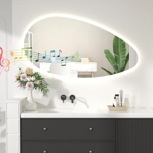 LED Bathroom Mirror with Lights,Wall-Mounted with Bluetooth Speaker,Anti-Fog, 3 Color Temperature, Dimmable Brightness,IP65 Waterproof Three-Color Light + defog + Bluetooth 50x80cm