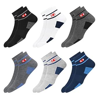 Sports Socks Men with Cushion, Stripe Design, Quarter Length, Pack of 6 (Free Size)