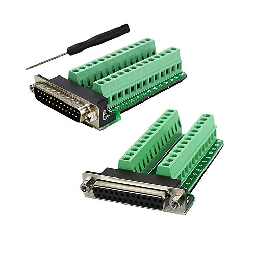 DB25 Breakout Connector D-sub Breakout 25 Pin Connector with Nut (Male Adapter x 1, Female Adapter x 1)