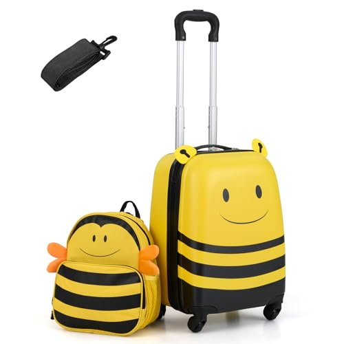 GOPLUS Kinderkoffer 2 TLG. mit Rucksack, Reisekoffer Set Kinder mit niedlichem Bienen-Rucksack & 18 Zoll Rollkoffer, 12”+16” Kindertrolley aus Kunststoff, Kindergepäck Flugzeug für Jungen & Mädchen