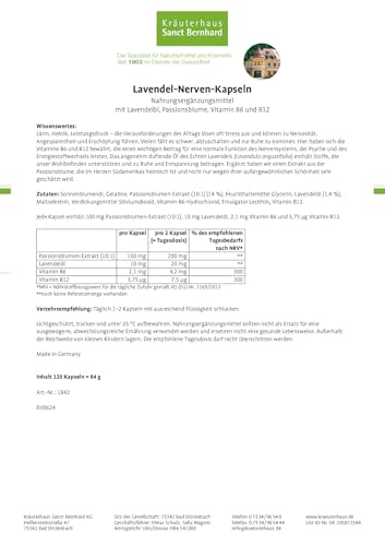 Sanct Bernhard Lavendel Nerven-Kapseln mit Passionsblumen-Extrakt, Lavendelöl, Vitamin B6 und B12, Inhalt 120 Kapseln