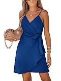 CUPSHE Women's Summer Beach Mini Dress Spaghetti Strap V Neck Sleeveless Waist Tie Wrap Short Dress Blue S