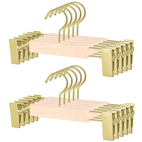 10pcs Children's gold Wooden Hangers,Natural Wooden Kids Gold Hanger,Coat Skirt Hangers with Gold Clips,Toddler Hangers for Baby Clothes Closet(Gold