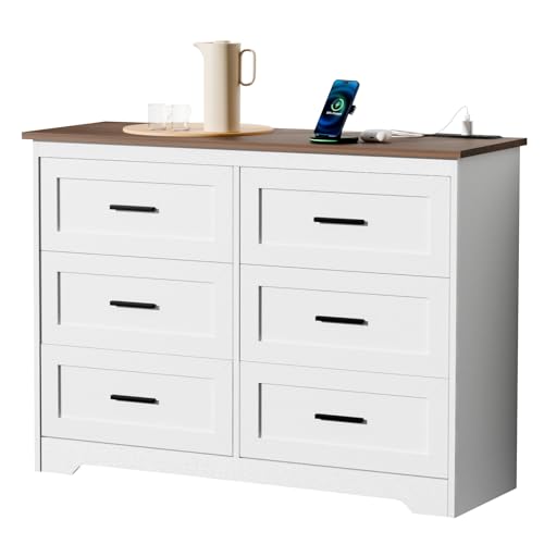 GEPELCN Farmhouse Dresser for Bedroom 6 Drawers Dresser with Power Outlets Rustic Chest of Drawers with Natural Texture White Organizer for Living Room Hallway