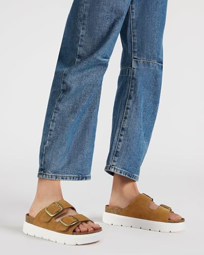 Image of Genuine Leather Platform Sandals for Women Comfortable Summer Beach Slides Sandals with Double Adjustable Buckle