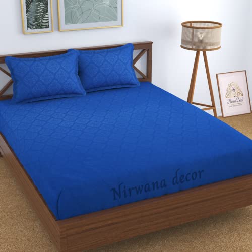 Image of Fitzy 280 TC Fitted bedsheet King Size, Elastic bedsheet, 72x78 inches + 10 inches Drop, with 2 Pillow Covers (Damass Royel Blue, 72 inch x 78 inch)