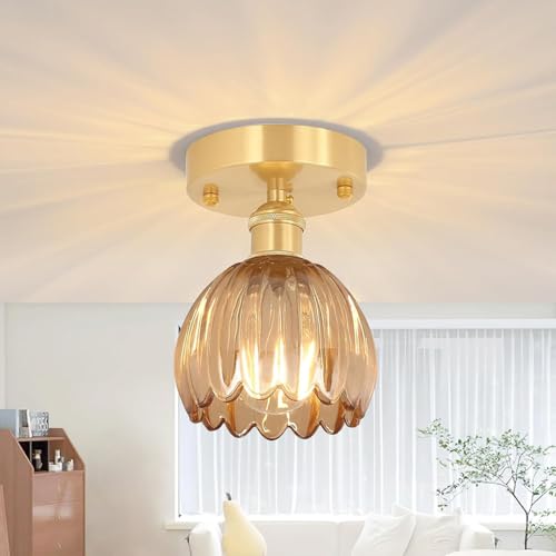 LOGT Lámpara de Techo de Cristal Moderna Dorada Iluminación Interior Pantalla de Cristal Luces de Pasillo Florencia Creativa Decorativa Lámpara de Techo Latón para Dormitorio Cocina Comedor,Marrón