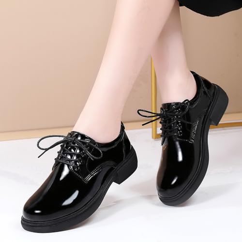 Image of OKJ Oxford Shoes for Women, Black Womens Oxford Shoes Leather Platform Women's Oxfords Comfortable Dressy Slip On, Lace Up Loafers Casual Work Business Dress Office Oxfords Shoes
