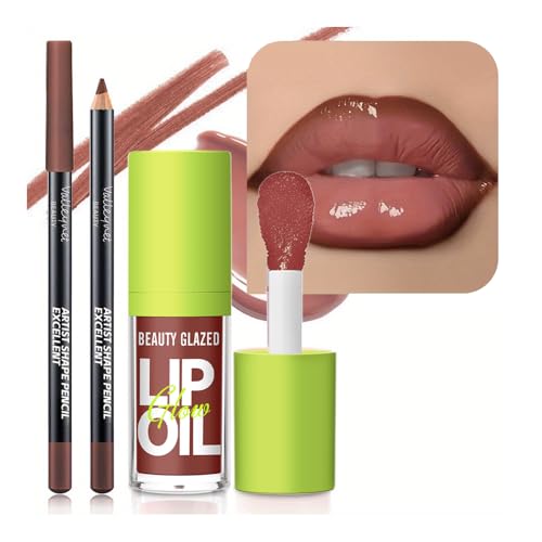 2Pcs Lip Gloss & Lip Liner Set Cocoa Brown 90s Ombre Lips Retro Gradient Lip Plumping Effect Full Volume Lips High Shine Gloss Viral Lip Combo Fuller Looking Lips Glassy Lip Look (#V05+107)