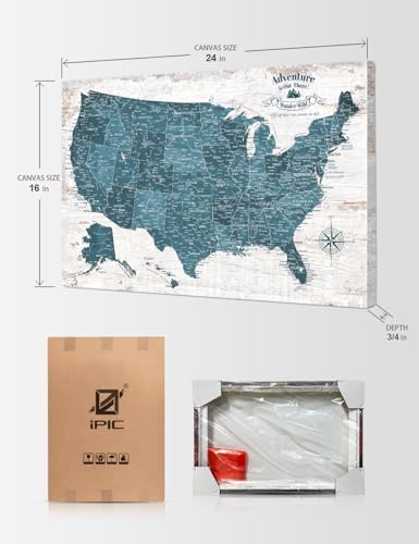 Image of IPIC - Vintage Teal USA Map Wall Art, Push Pin USA Map to Track Your Travels, Farmhouse Style Canvas Wall Decor for Home, Office, Living Room or RV, Ready to Hang, Made in USA