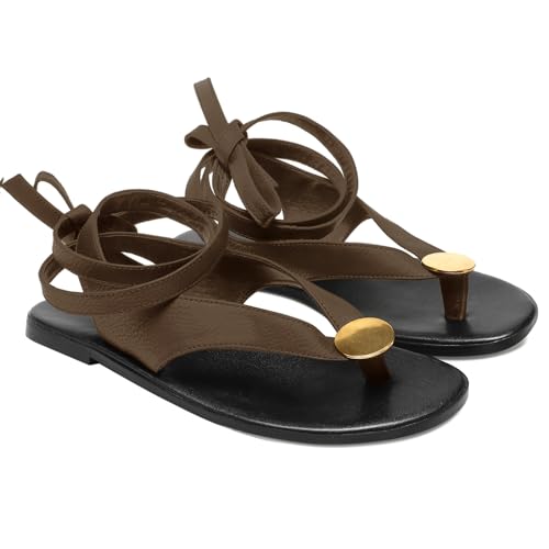 Strap Flip Flop Flat Sandals for Women with Metal Circular Ankle Strappy Ladies Fashion Cute Summer Thong Sandals Dressy.