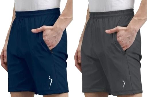 Image of Pack of 2 Men's Solid Sports Shorts | Mahira Hosiery Lycra Multicolor Regular Fit Gym Running Casual Half Pants
