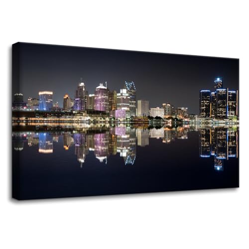 Pacimo Framed Canvas Print Wall Art Decor Detroit Cityscape City Photography Realism Contemporary Black and White Michigan Night Skyline Modern Artwork for Living Room Bedroom Office 16"x24"