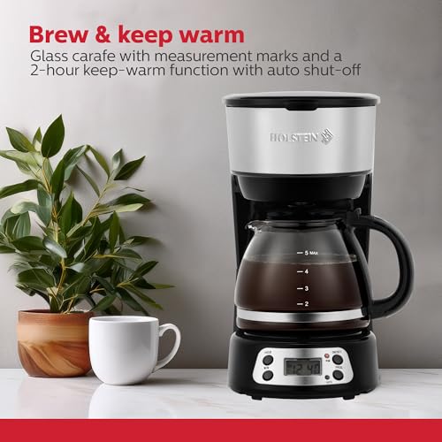 Image of Holstein Housewares 5-Cup Programable Coffee Maker, Convenient and User Friendly, Black and Stainless Steel with Auto Pause and Serve Function, Glass Carafe