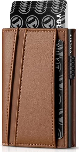 Real Leather Pop Up Card Holder Minimalist Wallet Metal Card Case RFID Blocking with Coin Purse and Key Hole for Men (Brown)