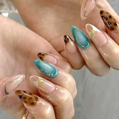 XZMeiLun Gold Line Star Pearl Press On Nails Almond Medium,